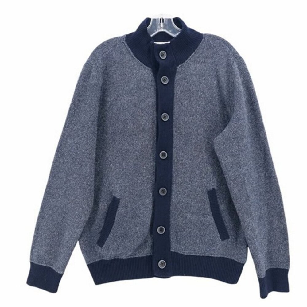 Emozioni Uomo Italy Sweater Cardigan Blue White Birdseye Wool Blend Buttons L